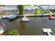 Aerial view showcasing a waterfront property with a private dock and easy access to the canal at 9917 San Sierra Way, Port Richey, FL 34668