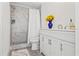 Bathroom featuring tiled shower, modern vanity, and stylish accents at 9917 San Sierra Way, Port Richey, FL 34668
