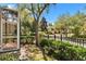 Backyard with a screened patio, lush landscaping, and a black metal fence at 10606 Shady Falls Ct, Riverview, FL 33578
