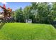Expansive backyard with lush green grass and a charming shed, creating a serene outdoor space at 10880 Cory Lake Dr, Tampa, FL 33647