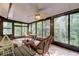 Enclosed lanai with wicker furniture and ceiling fan, with a beautiful backyard view at 17631 Grove View Dr, Lutz, FL 33549
