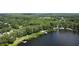 Aerial view of lakefront property with docks and surrounded by dense green trees at 19209 Crooked Ln, Lutz, FL 33548