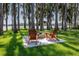 Backyard firepit and Adirondack chairs nestled under mature trees, perfect for entertaining at 19209 Crooked Ln, Lutz, FL 33548