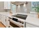 Close-up of kitchen featuring stainless steel range and marble countertop with subway tile backsplash at 238 7Th S Ave, Safety Harbor, FL 34695