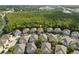 Aerial view of a neighborhood surrounded by greenery, featuring well-maintained homes and mature trees at 27563 Pleasure Ride Loop, Wesley Chapel, FL 33544