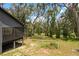 Exterior showcasing a screened-in porch with lush surroundings and mature trees at 31949 Amberlea Rd, Dade City, FL 33523