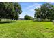 Large backyard with lush green grass, mature shade trees, utility shed, and fenced perimeter at 4030 Moores Lake Rd, Dover, FL 33527