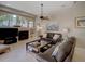 Inviting living room with a fireplace, large arched window, and comfortable leather sofas at 4335 Clairidge Way, Palm Harbor, FL 34685