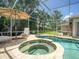Relaxing view of the circular spa connected to the pristine screened-in pool at 4335 Clairidge Way, Palm Harbor, FL 34685