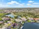 Picturesque aerial view of lovely waterfront properties with docks, pools, and lush greenery surrounding a serene lake at 5002 E Longboat Blvd, Tampa, FL 33615