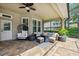 Inviting covered patio with comfortable seating, ceiling fan, and outdoor lighting perfect for relaxing and entertaining at 5823 Terncrest Dr, Lithia, FL 33547