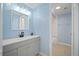 Blue bathroom featuring a double sink vanity, mirror and a tiled shower at 6841 Mitchell Cir, Tampa, FL 33634