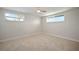 Bright bedroom featuring neutral walls, carpet, ceiling fan and two windows at 6841 Mitchell Cir, Tampa, FL 33634