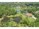 Picturesque aerial view of a home surrounded by lush trees and a pond, offering a private and serene setting at 10113 Bell Creek Dr, Riverview, FL 33569
