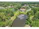 An aerial view showing a home with a pool backing onto a pond surrounded by dense trees and greenery at 10113 Bell Creek Dr, Riverview, FL 33569