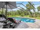 Screened-in pool area with clear blue water, lounge chairs, and a view of the lush backyard at 10113 Bell Creek Dr, Riverview, FL 33569