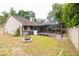 A lovely backyard with a screened patio and fire pit offers a relaxing outdoor living space at 15028 Redcliff Dr, Tampa, FL 33625