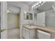 Bathroom sink and mirror lead to carpeted bedroom, offering functionality at 25327 Seven Rivers Cir, Land O Lakes, FL 34639