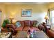 Cozy living room featuring a brown leather sofa, tropical-themed decor, and ample natural light at 2724 Via Murano # 639, Clearwater, FL 33764