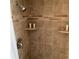 Shower stall with shampoo and conditioner bottles on shelves and brown tiled walls at 401 Pennsylvania Ave, Crystal Beach, FL 34681