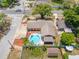 Aerial view of a property with a swimming pool, patio area, and fully fenced backyard at 5236 Madison St, New Port Richey, FL 34652