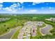 An aerial view of homes in a neighborhood, close to ponds and lush green trees, under a bright blue sky at 5430 Thistle Field Ct, Wesley Chapel, FL 33545