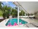 Backyard view featuring a sparkling pool, lounge chairs, flamingo pool floats, and a covered patio at 2560 51St N St, St Petersburg, FL 33710
