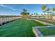 Lush green common area with artificial grass, surrounded by palm trees and community amenities on a bright, sunny day at 27136 Capri Shores Cir, Englewood, FL 34223