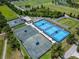 Aerial view of well-maintained tennis courts, showcasing a vibrant recreational amenity for active residents at 2719 Wilder Trace Ct, Plant City, FL 33566
