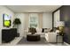 Cozy living room features a large sectional sofa, modern decor, and a view of the outdoors at 5676 Red Kite Dr, Wimauma, FL 33598