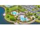 Aerial view of the neighborhood community pool with a splash pad, swimming pool, and outdoor seating at 9860 Smarty Jones Dr, Ruskin, FL 33573