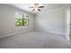 A bedroom features neutral gray colored walls, light-colored carpeting, and a window with a leafy view at 9860 Smarty Jones Dr, Ruskin, FL 33573