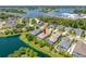 An aerial view displays a house with a pool near a pond, showcasing outdoor recreation and the beauty of nature at 1242 Windy Bay Shl, Tarpon Springs, FL 34689