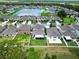 Aerial view of backyards in a suburban neighborhood featuring a pond at 12835 Wildflower Meadow Dr, Riverview, FL 33579
