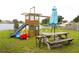 Fun backyard featuring playground equipment, a picnic table, and a great lake view for outdoor entertainment at 1423 Birchstone Ave, Brandon, FL 33511