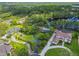 Aerial view of luxurious homes with mature trees and manicured lawns and a lake in the background at 16205 Sentry Woods Ct, Odessa, FL 33556