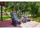 Dock view with comfortable seating, and lovely landscaped lawn and trees on a sunny day at 16205 Sentry Woods Ct, Odessa, FL 33556