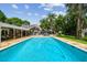 Gorgeous backyard pool, patio, and outdoor kitchen with lush lawn and mature landscaping at 16205 Sentry Woods Ct, Odessa, FL 33556