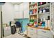 Organized pantry shelves filled with various household items and cleaning supplies at 6543 Louise Ct, Hudson, FL 34667