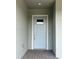 Close-up of a light blue front door with decorative window and brick walkway at 10864 Banyan Breeze Blvd, Land O Lakes, FL 34638