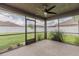 Screened patio with fan overlooks a spacious, fenced backyard at 10915 Kirkwall Port Dr, Wimauma, FL 33598