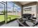 Covered lanai featuring a seating area overlooking the fenced backyard with lush green grass at 11315 Chilly Water Ct, Riverview, FL 33579