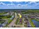 Wide aerial shot featuring house and neighborhood location, with arrow to locate home, set amidst lakes, roads, and sky at 11327 Brighton Knoll Loop, Riverview, FL 33579