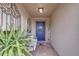 Welcoming front porch featuring a blue door, brick flooring, and stylish decor at 11327 Brighton Knoll Loop, Riverview, FL 33579