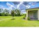 Lush backyard with a screened lanai, mature landscaping, and a tranquil wooded backdrop at 11619 Cambium Crown Dr, Riverview, FL 33569