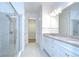 Bright primary bathroom featuring double vanity, glass shower, and a spacious walk-in closet at 11619 Cambium Crown Dr, Riverview, FL 33569