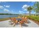 Outdoor fire pit with seating surrounded by lake views and lush landscaping at 11619 Cambium Crown Dr, Riverview, FL 33569