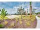 Beautiful landscaping with palm trees surrounds a lakeside beach with clear blue skies above at 13245 Tropical Breeze Way, Hudson, FL 34669