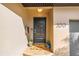 Close-up of a modern front door with stylish details, potted plants, and the house number clearly displayed at 200 Lamara Ne Way, St Petersburg, FL 33704