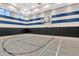 Full-sized indoor gymnasium featuring basketball court with hardwood floors and blue and white striped walls at 3060 Mountain Spruce Ter, Wesley Chapel, FL 33543